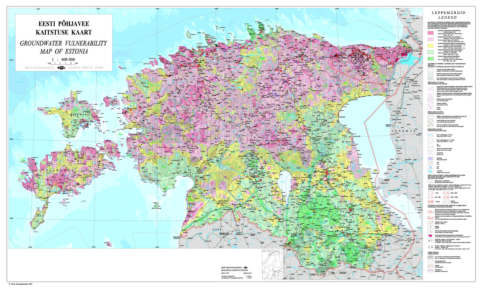 Eesti põhjavee kaitstuse ülevaatekaart, Eesti Geoloogiakeskus 2001, mõõtkava 1:400 000